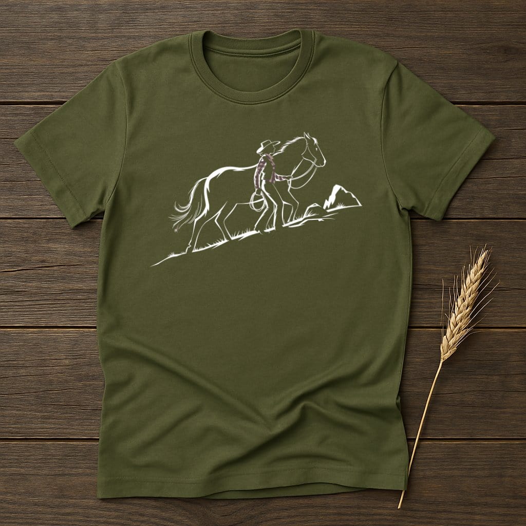 My Designs Silhouette Shirt S / Military Green Cowboy and Horse Silhouette Art Design T-Shirts