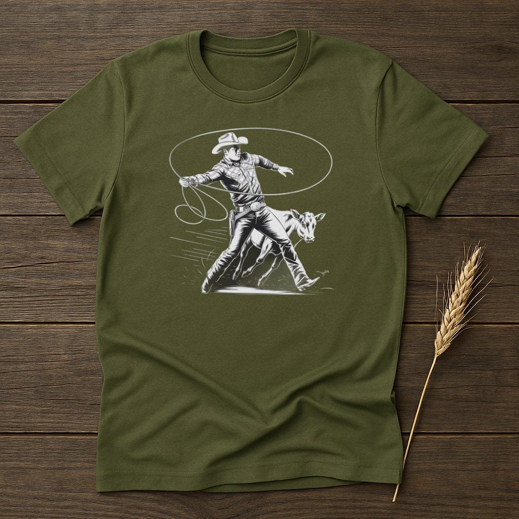 My Designs Silhouette Shirt S / Military Green Cowboy Lassoing a Calf Western Art T-Shirts