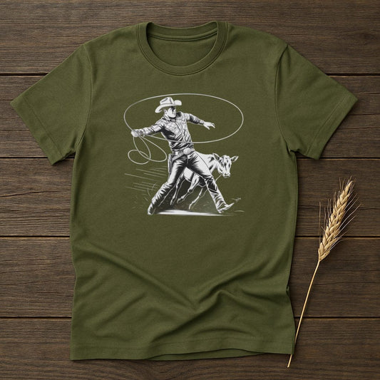 My Designs Silhouette Shirt S / Military Green Cowboy Lassoing a Calf Western Art T-Shirts