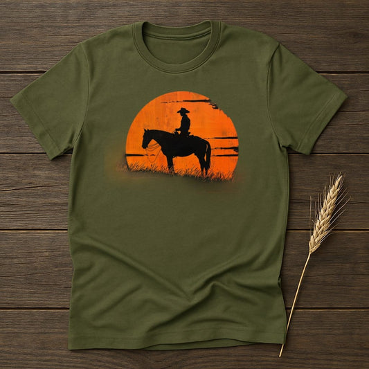 My Designs Silhouette Shirt S / Military Green Cowboy Riding Horse Silhouette Sunset Art T-Shirts