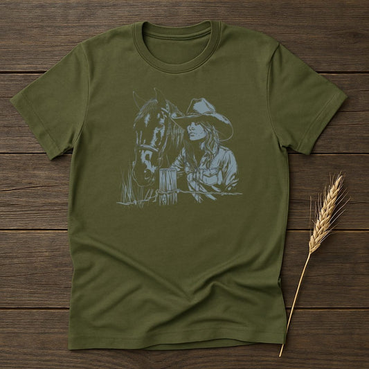 My Designs Silhouette Shirt S / Military Green Cowgirl and Horse Graphic Art Design T-Shirts