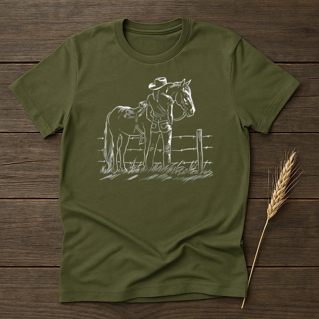 My Designs Silhouette Shirt S / Military Green Cowgirl with Horse Standing Near Fence T-Shirts