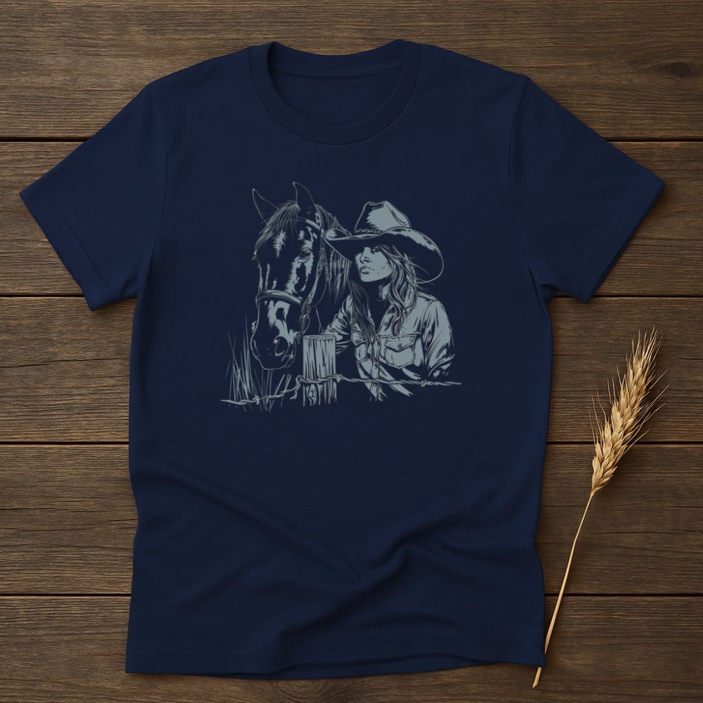 My Designs Silhouette Shirt S / Navy Cowgirl and Horse Graphic Art Design T-Shirts