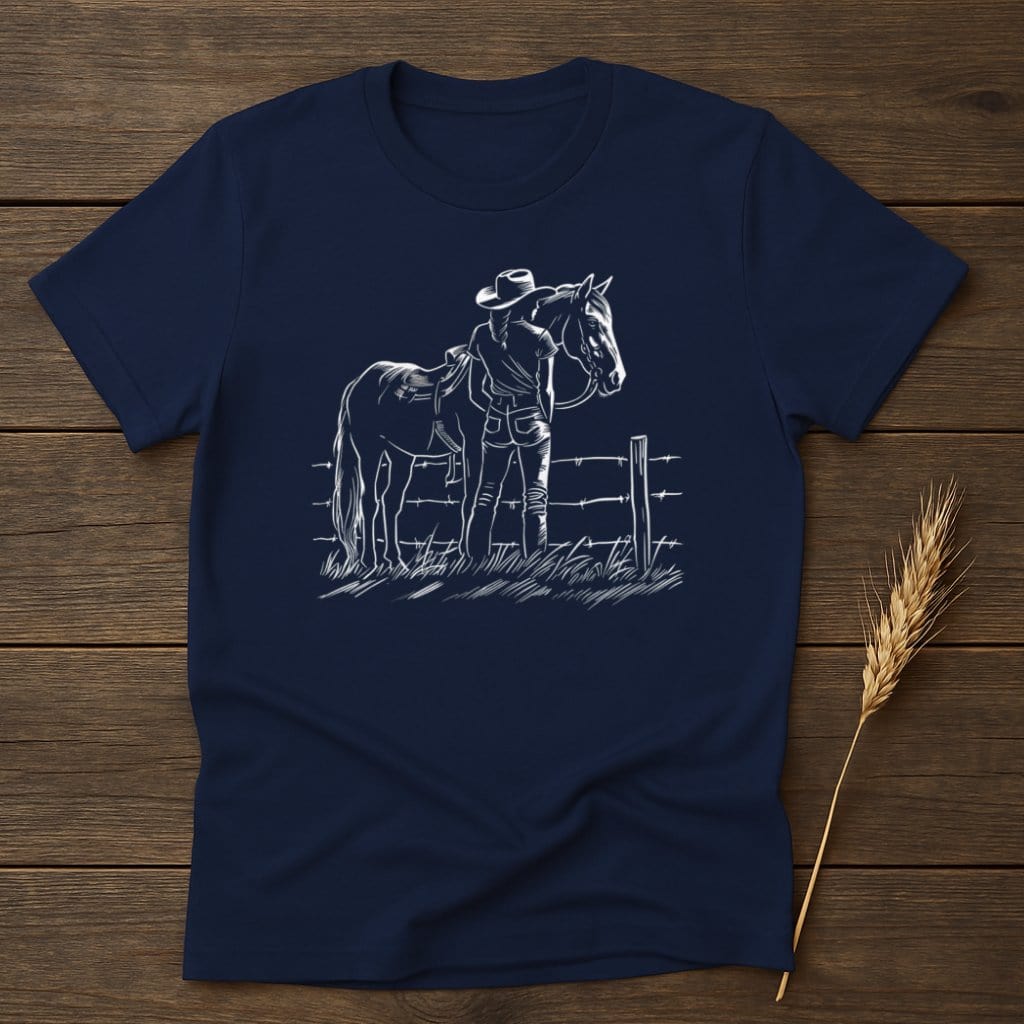 My Designs Silhouette Shirt S / Navy Cowgirl with Horse Standing Near Fence T-Shirts