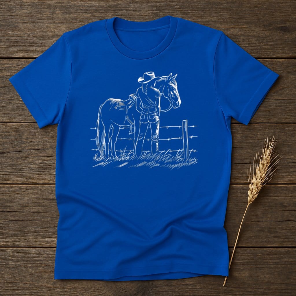 My Designs Silhouette Shirt S / Royal Cowgirl with Horse Standing Near Fence T-Shirts