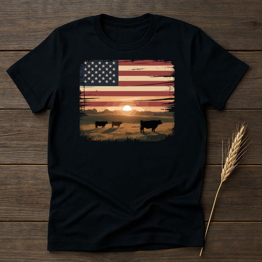 MyDesigns Physical Item S / Black American Flag With Cows Sunset T-Shirt