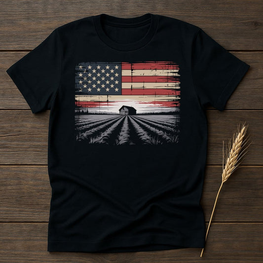 MyDesigns Physical Item S / Black American Flag With Farmhouse Barn T-Shirt