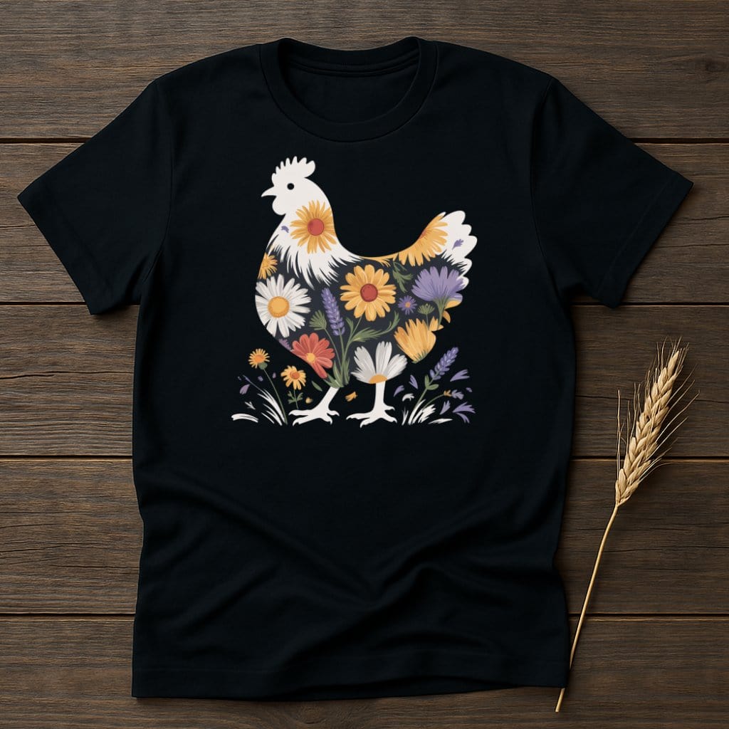 MyDesigns Physical Item S / Black Floral Chicken Artwork T-Shirt