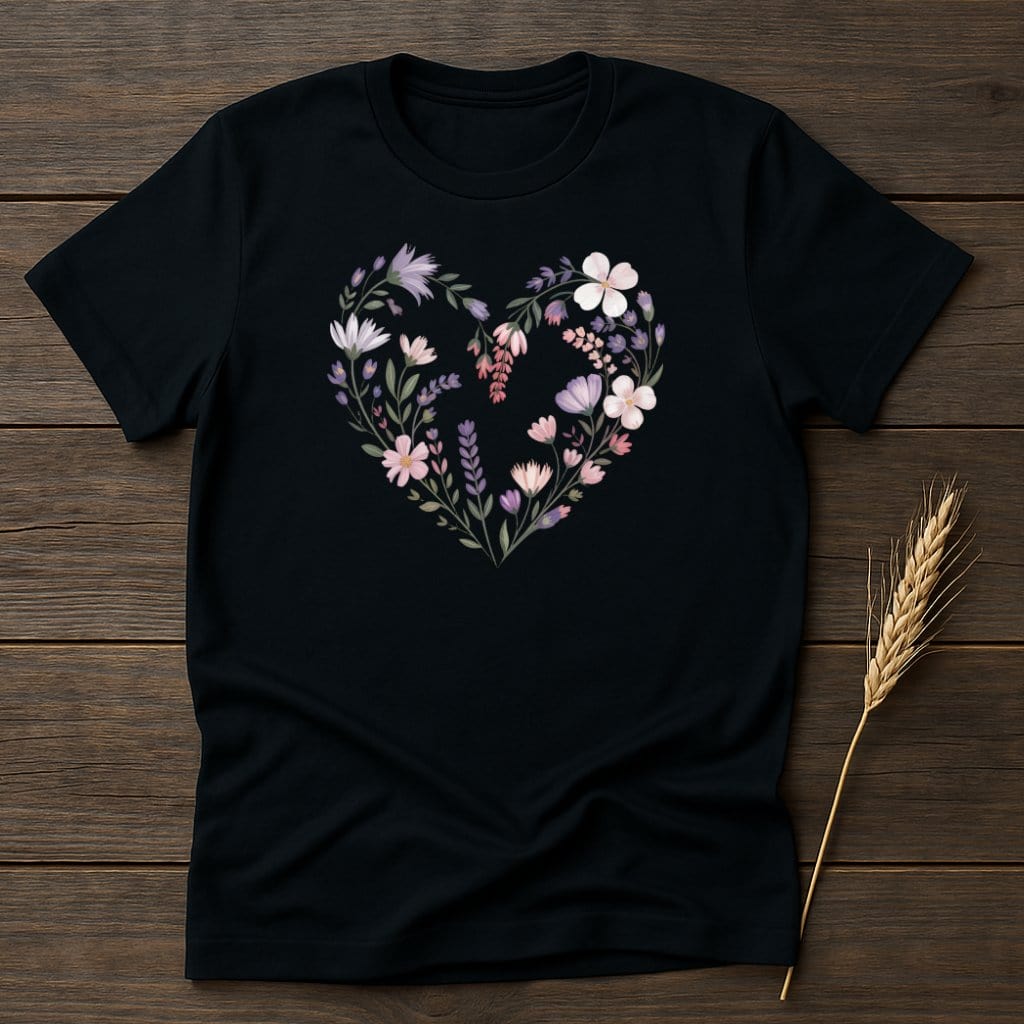 MyDesigns Physical Item S / Black Floral Heart T-Shirt
