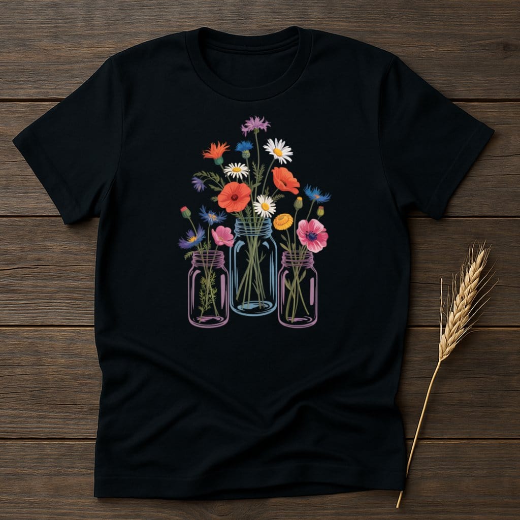 MyDesigns Physical Item S / Black Flowers in Mason Jars T-Shirt