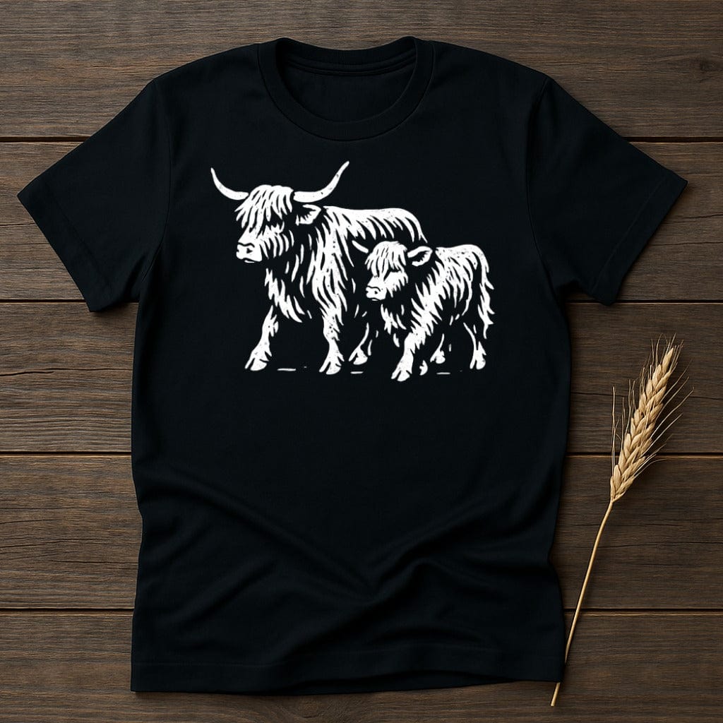 MyDesigns Physical Item S / Black Highland Cow and Calf T-Shirt