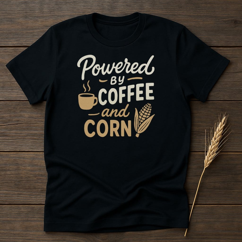 MyDesigns Physical Item S / Black Powered By Coffee And Corn T-Shirt