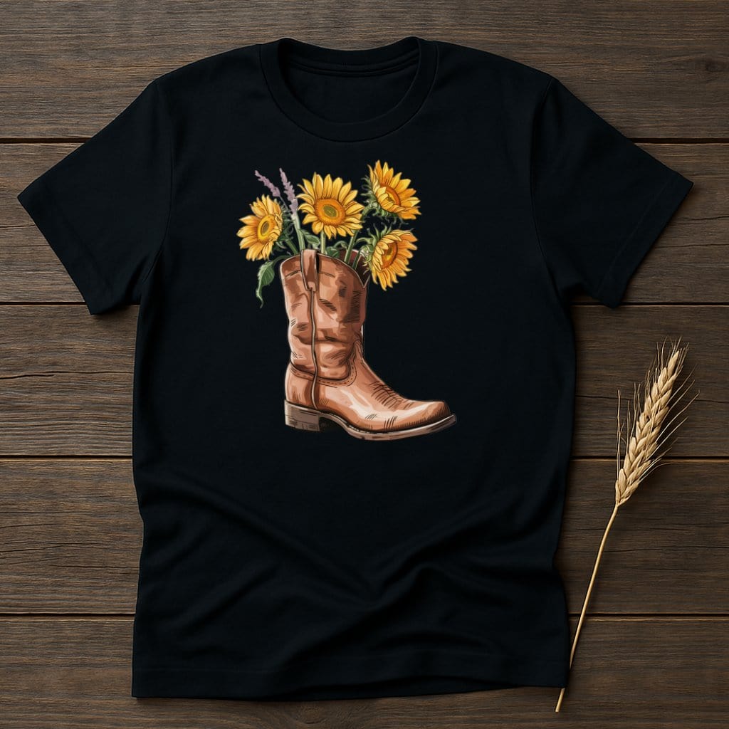 MyDesigns Physical Item S / Black Sunflower Cowboy Boot T-Shirt