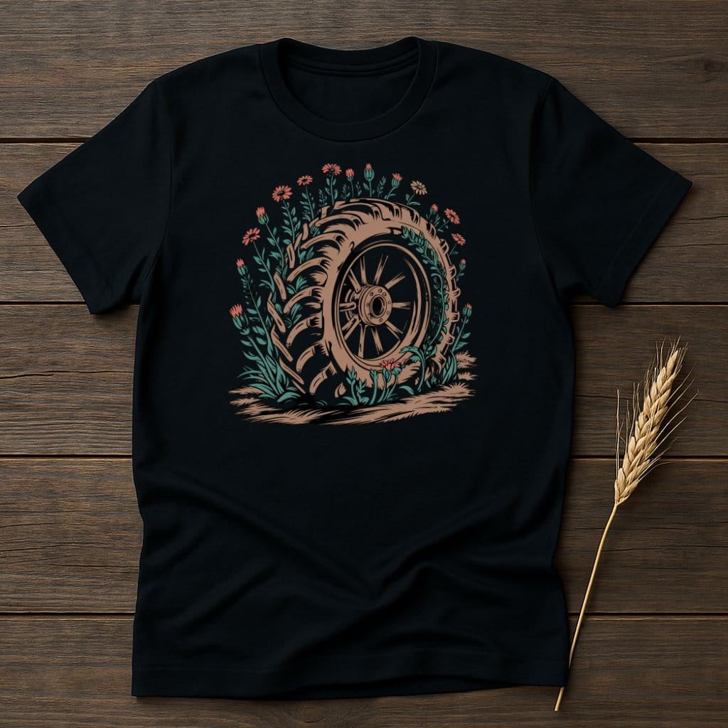 MyDesigns Physical Item S / Black Tractor Tire with Flowers T-Shirt