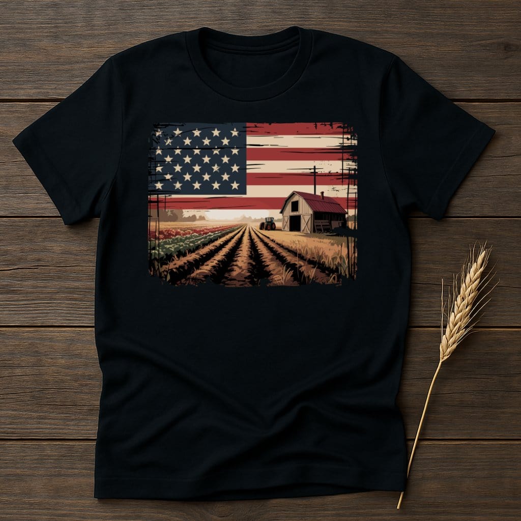MyDesigns Physical Item S / Black USA Flag Farm Tractor Barn T-Shirt