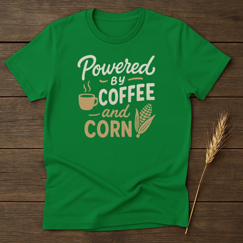 MyDesigns Physical Item S / Irish Green Powered By Coffee And Corn T-Shirt