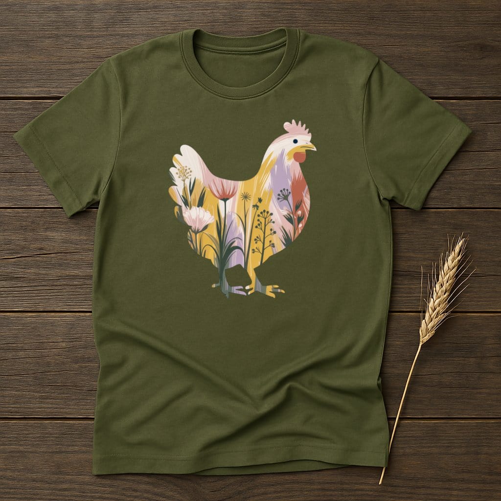 MyDesigns Physical Item S / Military Green Artistic Floral Hen T-Shirt
