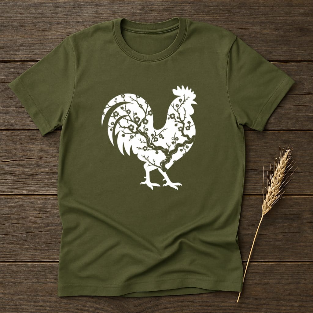MyDesigns Physical Item S / Military Green Cherry Blossom Rooster T-Shirts