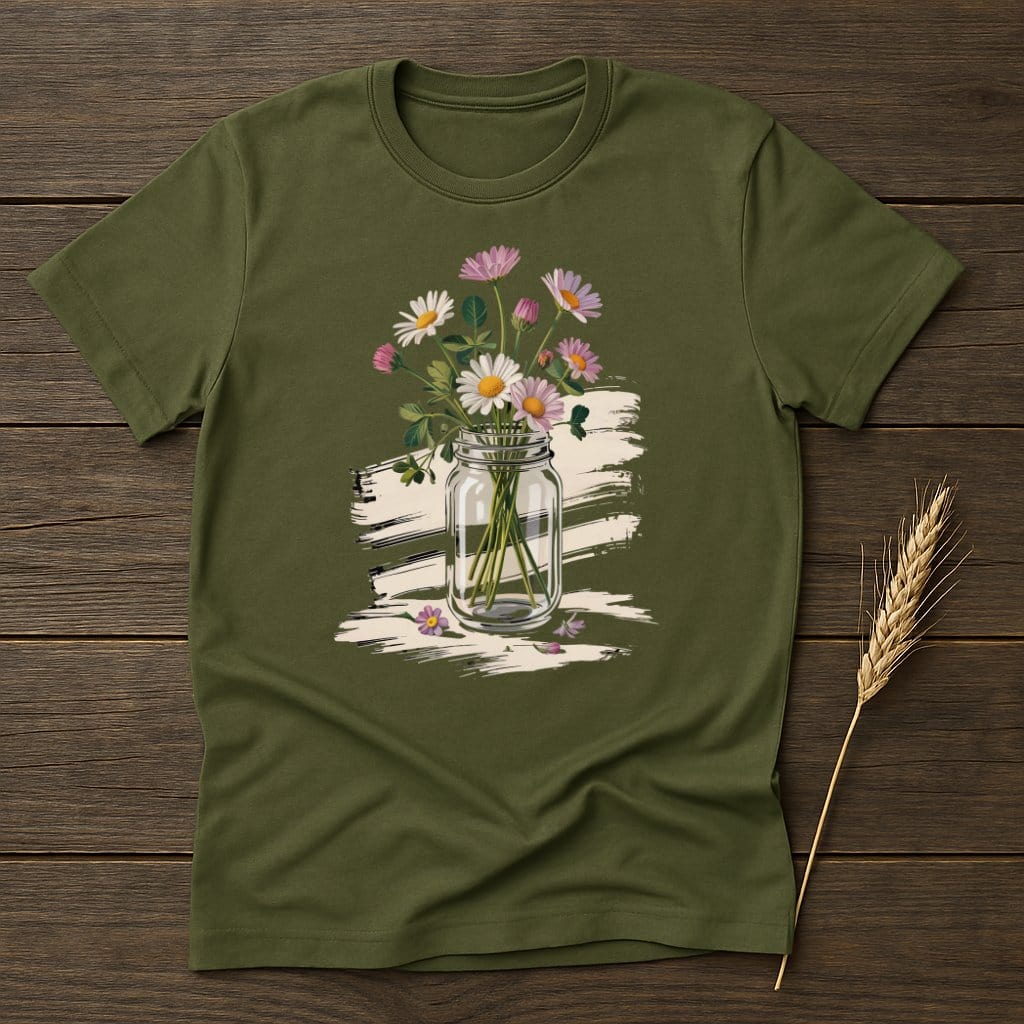 MyDesigns Physical Item S / Military Green Daisies in Glass Jar T-Shirt