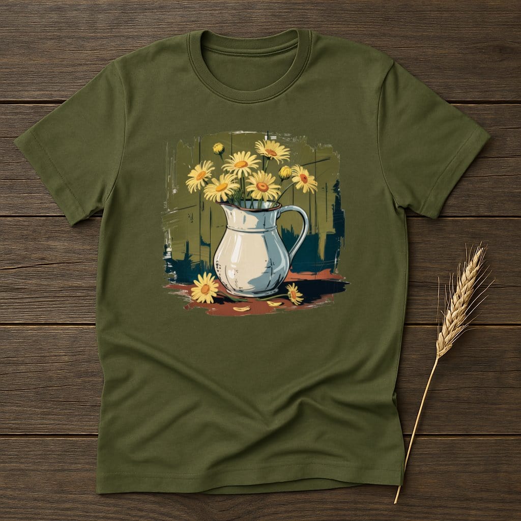 MyDesigns Physical Item S / Military Green Daisy Flowers in Pitcher T-Shirt