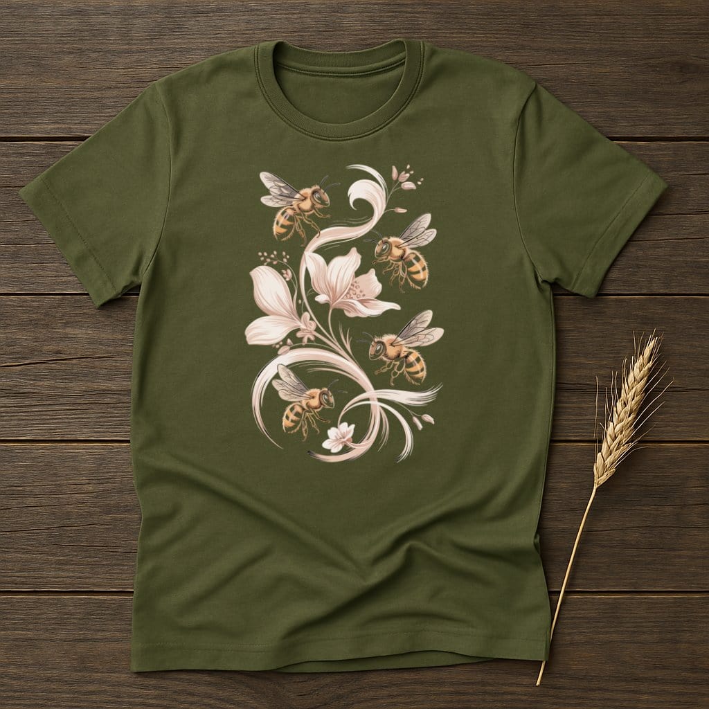 MyDesigns Physical Item S / Military Green Delicate Bees Floral T-Shirt