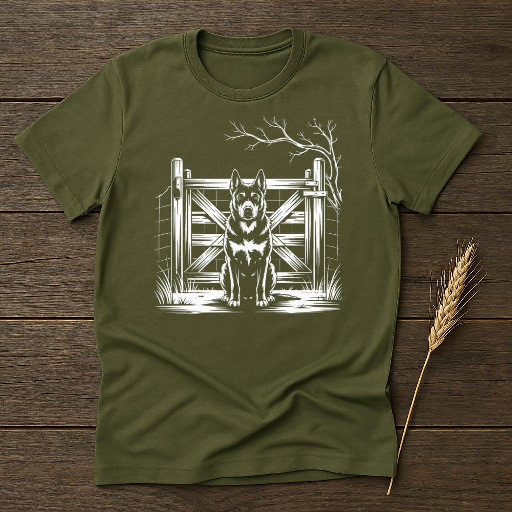 MyDesigns Physical Item S / Military Green Farm Dog By Fence T-Shirts