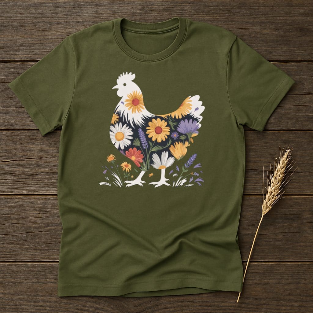 MyDesigns Physical Item S / Military Green Floral Chicken Artwork T-Shirt