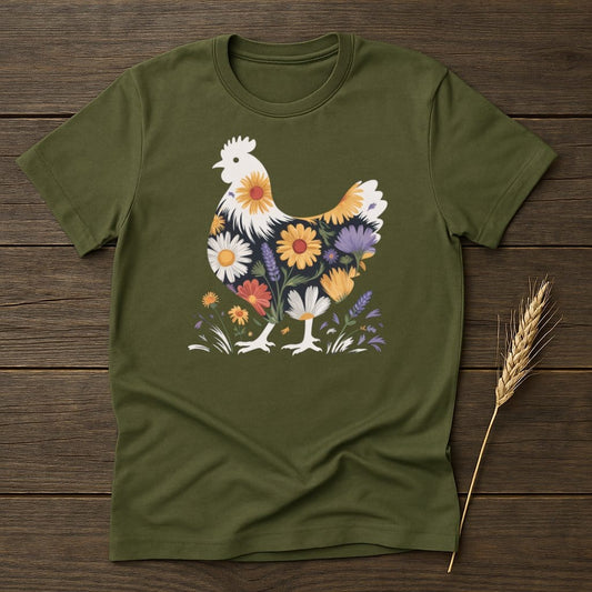 MyDesigns Physical Item S / Military Green Floral Chicken Artwork T-Shirt