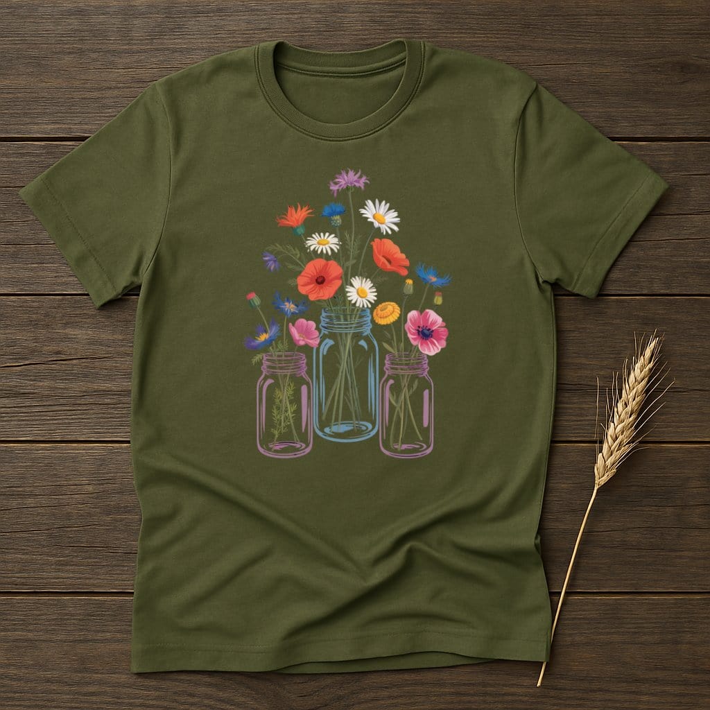 MyDesigns Physical Item S / Military Green Flowers in Mason Jars T-Shirt