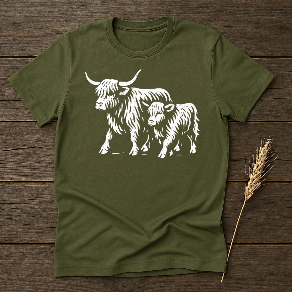 MyDesigns Physical Item S / Military Green Highland Cow and Calf T-Shirt