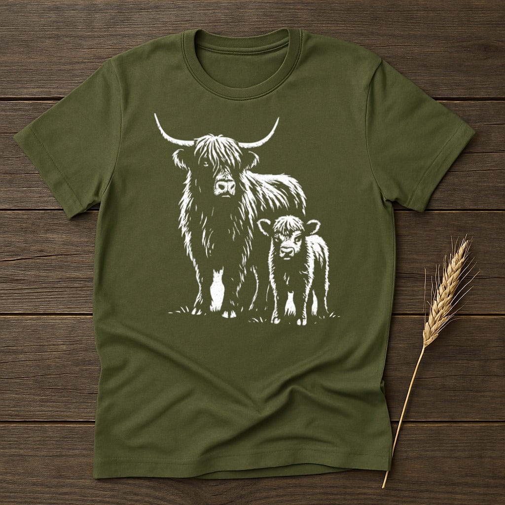 MyDesigns Physical Item S / Military Green Highland Cow With Calf T-Shirt