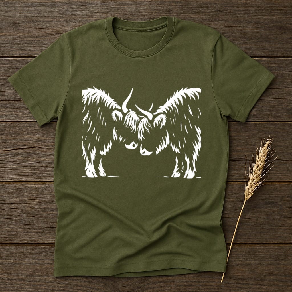 MyDesigns Physical Item S / Military Green Highland Cows Face To Face T-Shirt