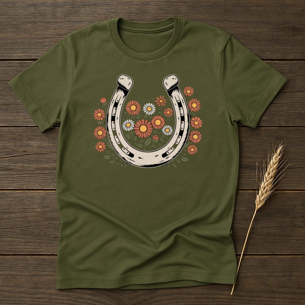 MyDesigns Physical Item S / Military Green Horseshoe Flowers T-Shirt
