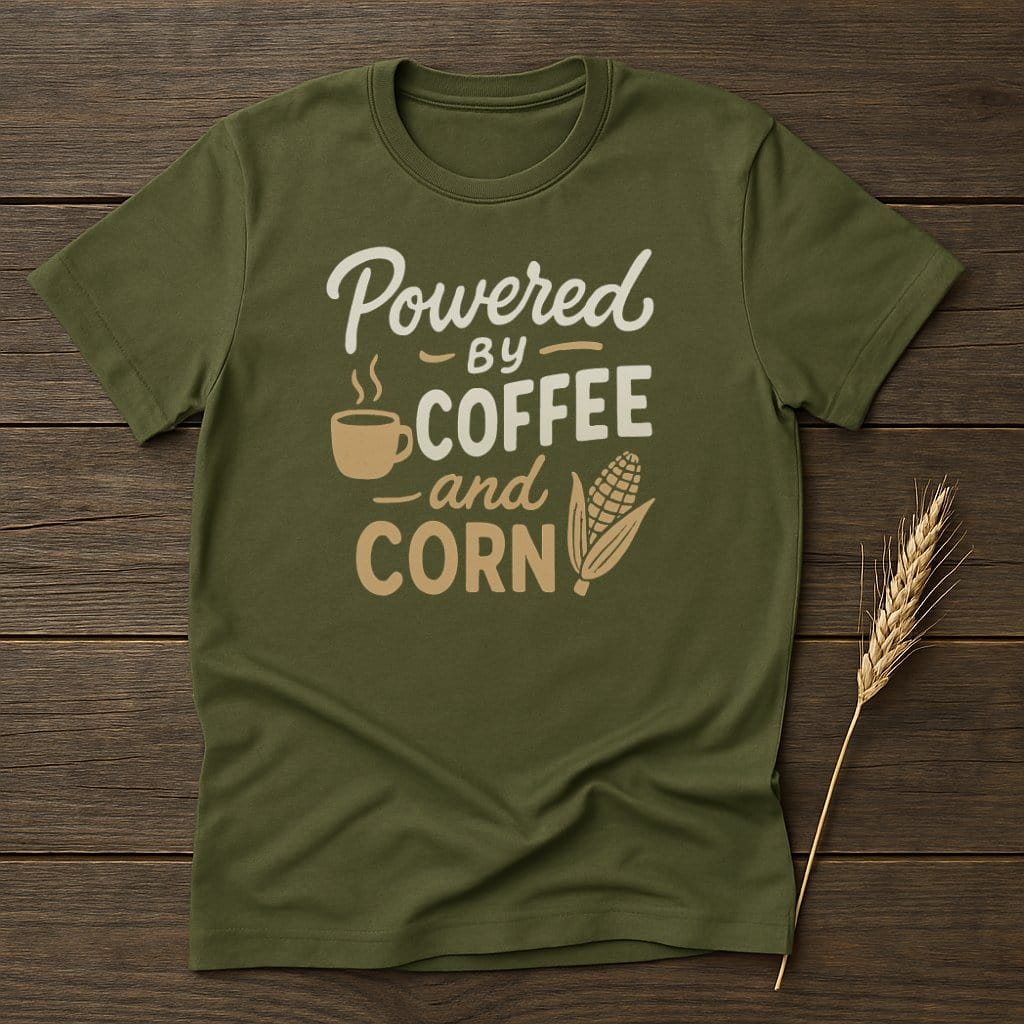MyDesigns Physical Item S / Military Green Powered By Coffee And Corn T-Shirt