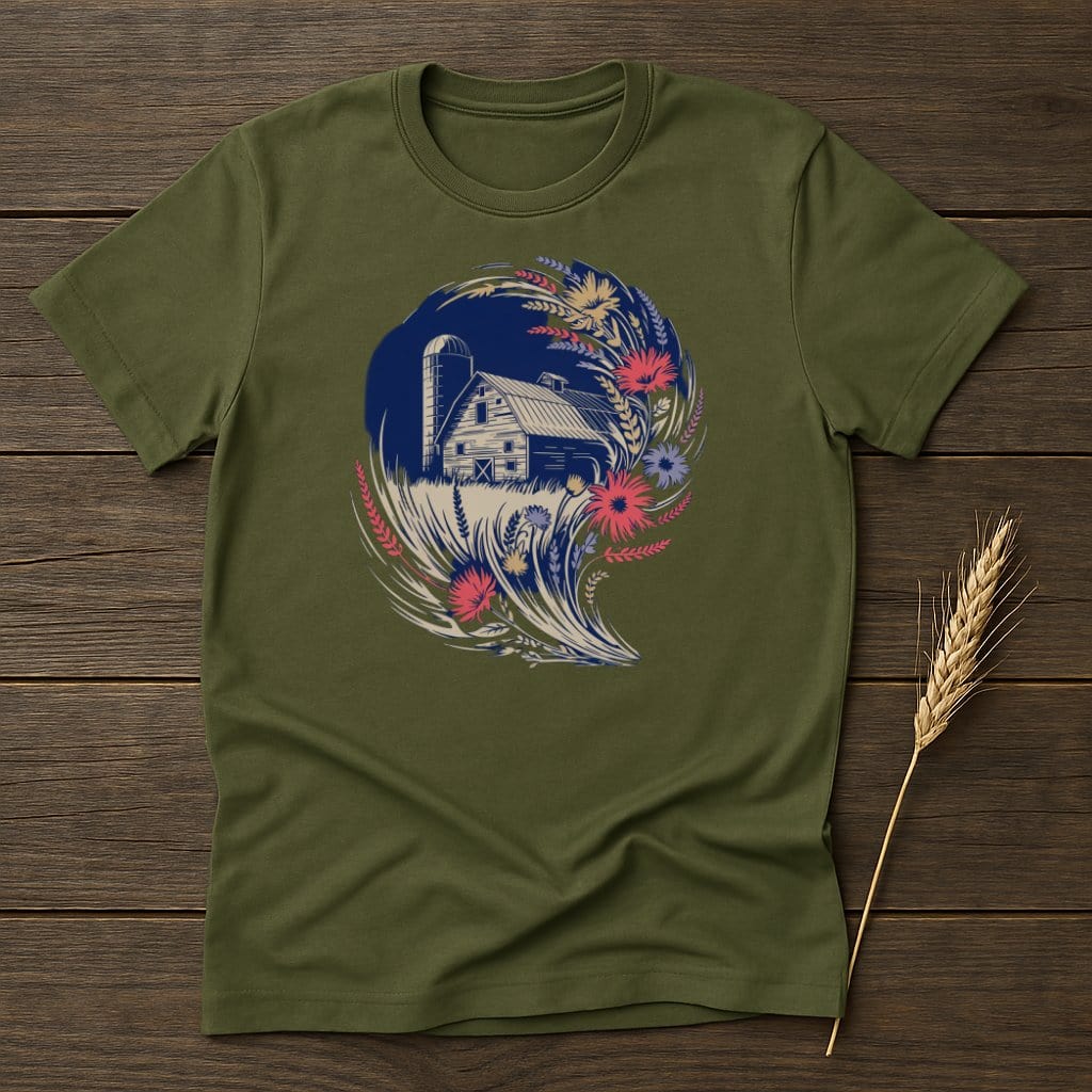 MyDesigns Physical Item S / Military Green Rustic Barn With Floral T-Shirt