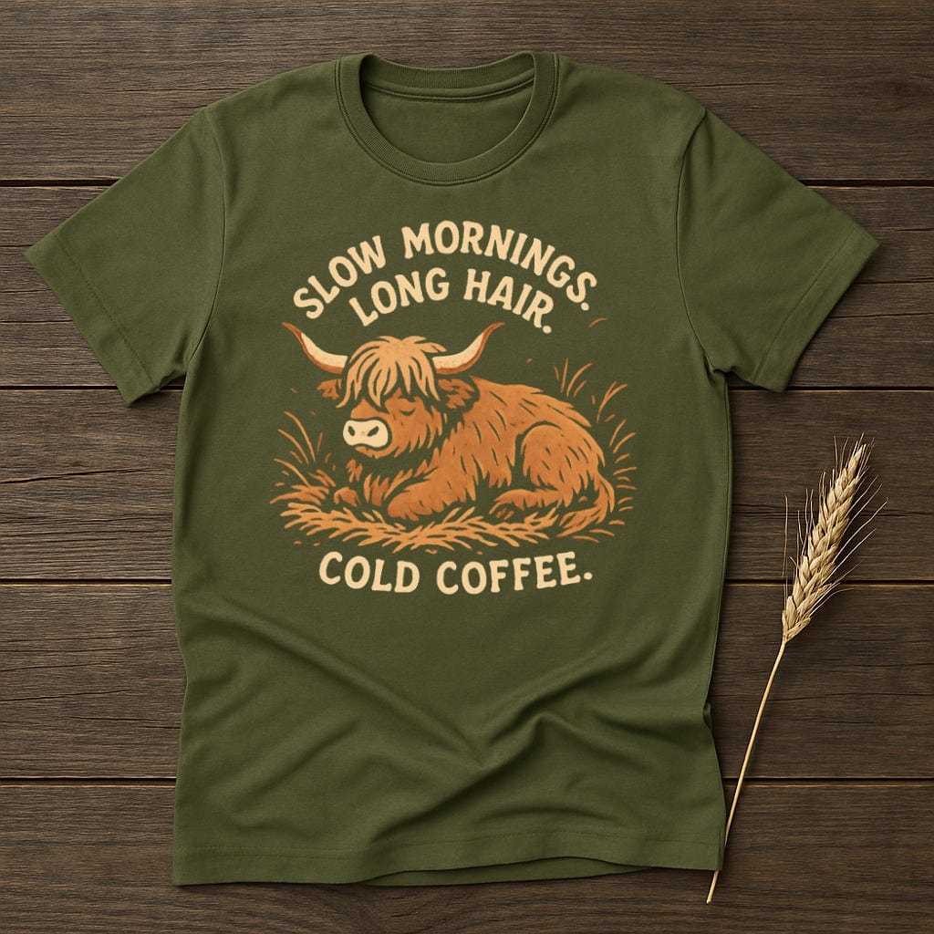 MyDesigns Physical Item S / Military Green Slow Mornings Long Hair Cold Coffee T-Shirt