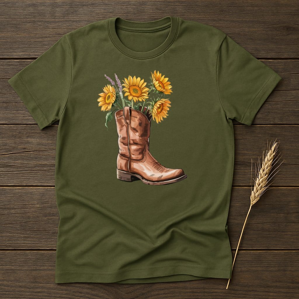 MyDesigns Physical Item S / Military Green Sunflower Cowboy Boot T-Shirt
