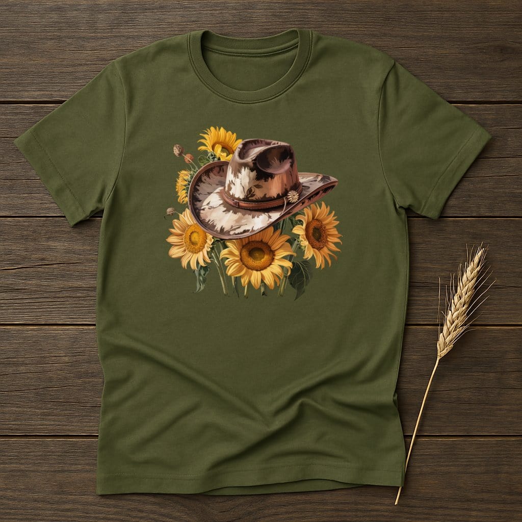 MyDesigns Physical Item S / Military Green Sunflower Cowboy Hat T-Shirt