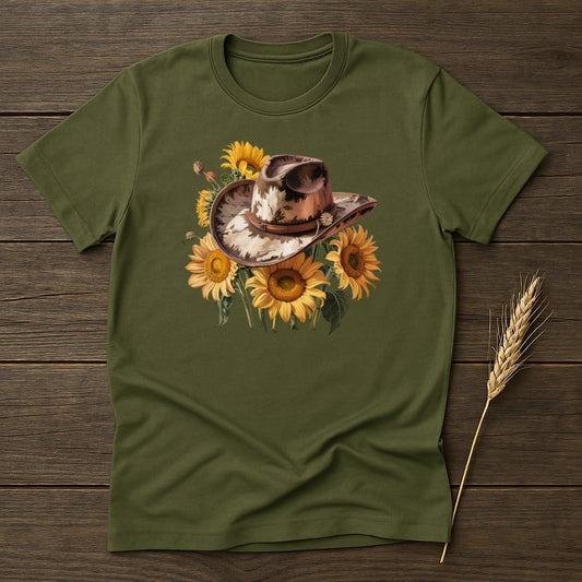MyDesigns Physical Item S / Military Green Sunflower Cowboy Hat T-Shirt