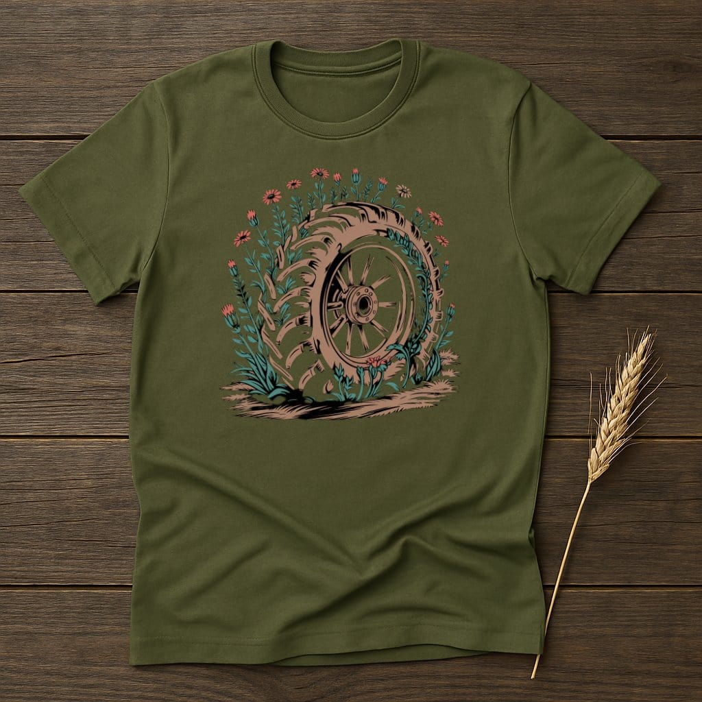 MyDesigns Physical Item S / Military Green Tractor Tire with Flowers T-Shirt