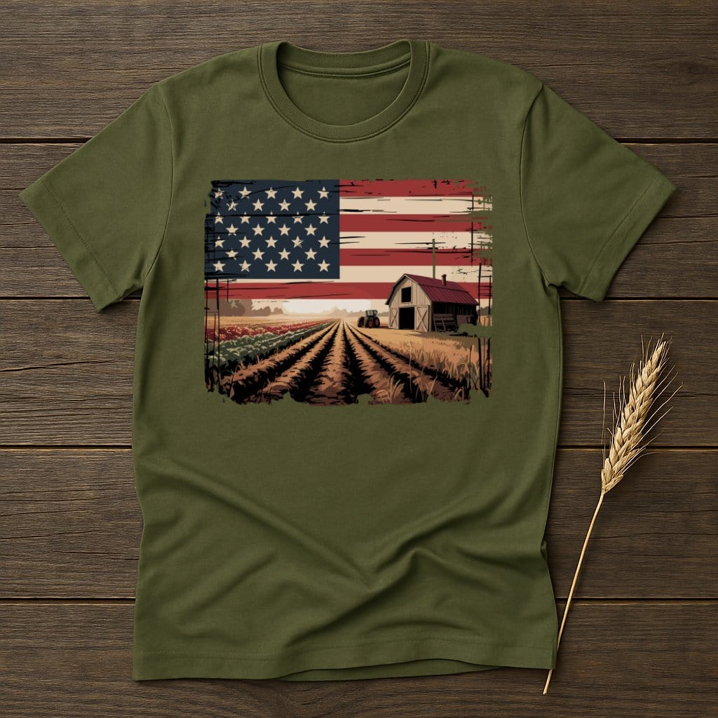 MyDesigns Physical Item S / Military Green USA Flag Farm Tractor Barn T-Shirt