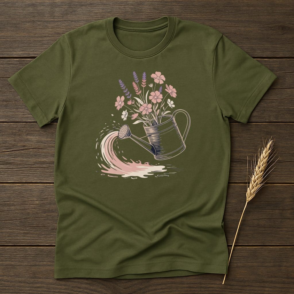 MyDesigns Physical Item S / Military Green Watering Can Flowers T-Shirt