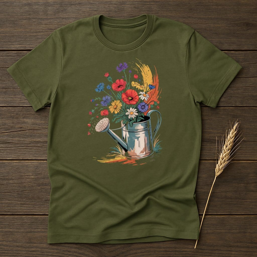 MyDesigns Physical Item S / Military Green Watering Can With Flowers T-Shirt