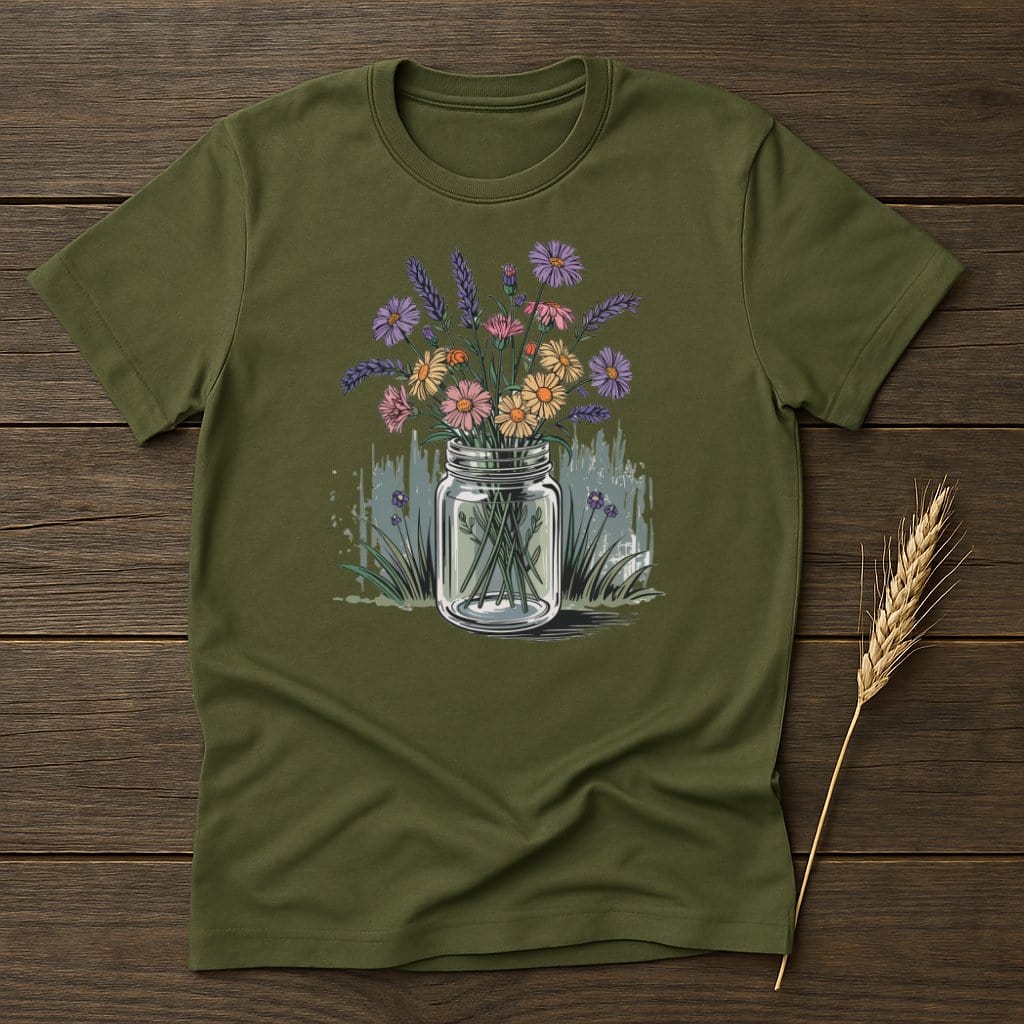 MyDesigns Physical Item S / Military Green Wild Flowers in Mason Jar T-Shirt