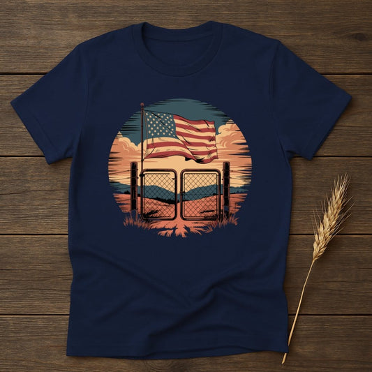 MyDesigns Physical Item S / Navy American Flag Over Fence T-Shirt