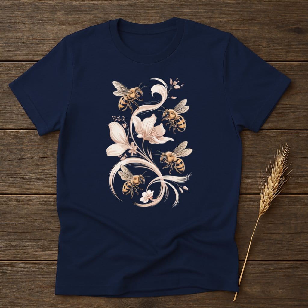 MyDesigns Physical Item S / Navy Delicate Bees Floral T-Shirt