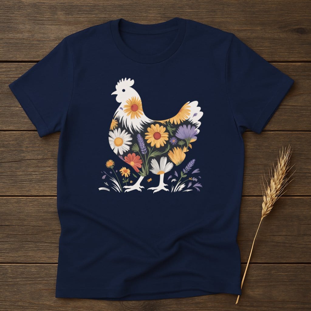 MyDesigns Physical Item S / Navy Floral Chicken Artwork T-Shirt