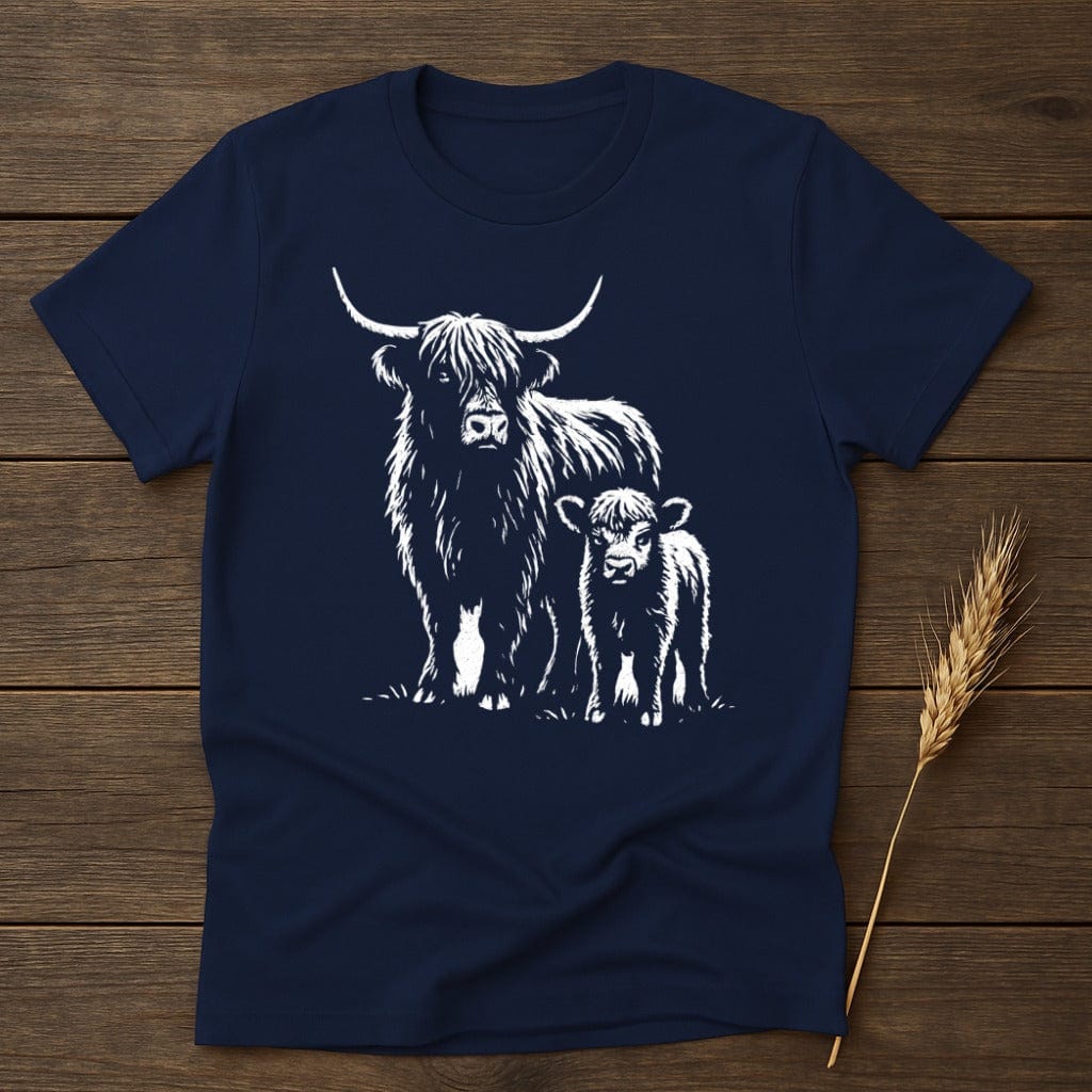 MyDesigns Physical Item S / Navy Highland Cow With Calf T-Shirt