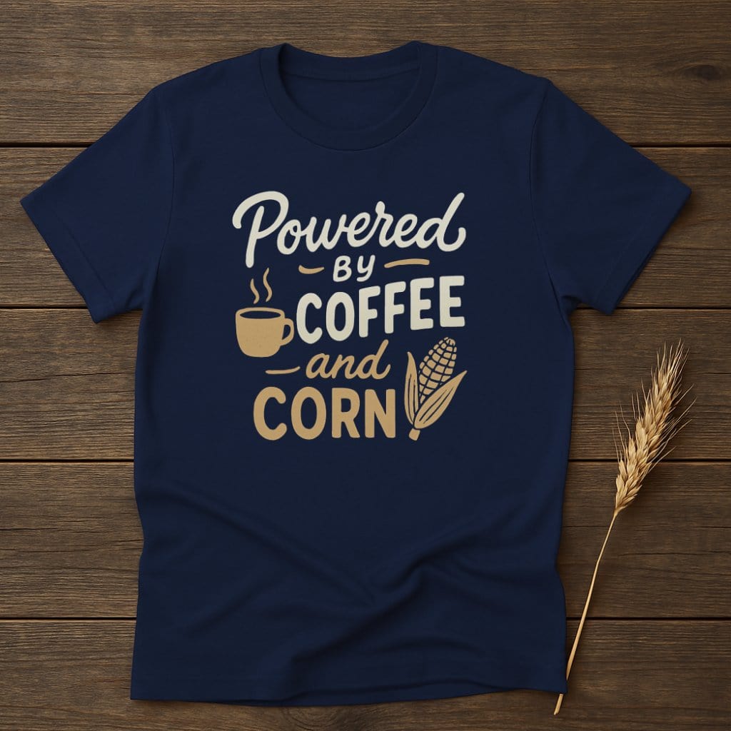 MyDesigns Physical Item S / Navy Powered By Coffee And Corn T-Shirt