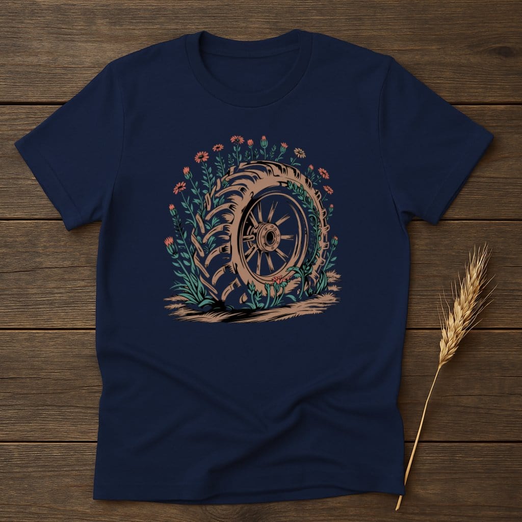 MyDesigns Physical Item S / Navy Tractor Tire with Flowers T-Shirt